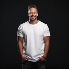 Wall Mural - Smiling men wearing white T-Shirt Mockup on black studio background