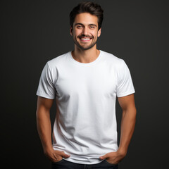 Wall Mural - Smiling men wearing white T-Shirt Mockup on black studio background