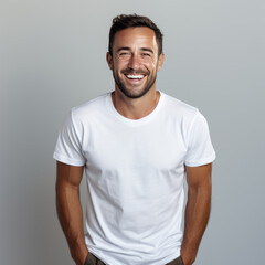 Wall Mural - Smiling men wearing white T-Shirt Mockup on black studio background