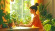 Young woman using laptop computer at home. Freelance work concept.