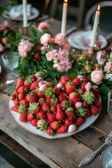 Fototapete - A table is topped with a plate of fresh, juicy strawberries. The red berries are vibrant and glistening against the plain white plate