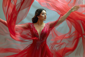 Beautiful Arabian woman in Cherry waving dress with flying fabric on studio background.