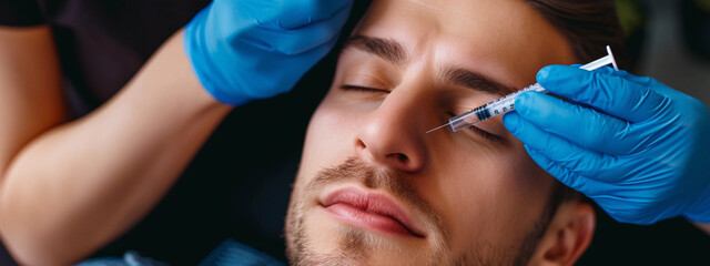 cosmetologist injects botox into a man's face