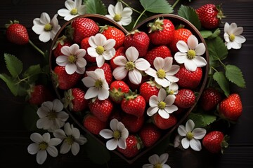 Sticker -  Ripe strawberries and delicate flowers artfully presented in a heart-shaped bowl.