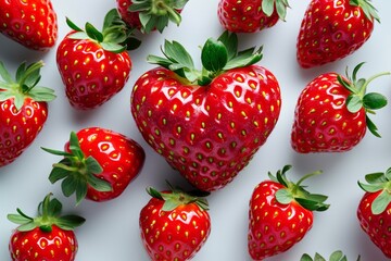 Fototapete - A collection of ripe and juicy strawberries neatly arranged on a clean white surface, creating an appealing and appetizing display