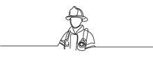 Single One Continuous Line Drawing Of Young Male Firefighter Wear Safety Jacket And Helmet. Professional Work Profession And Occupation Minimal Concept. Design Graphic Vector Illustration