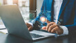 © Jeri - man hand using the website or software technology AI to help and support work for chatbot, chat AI, generate image, write code, and data analysis using technology smart robot AI