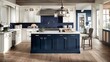 A coastal inspired kitchen with white cabinets and navy blue island, evoking a nautical and seaside vibe