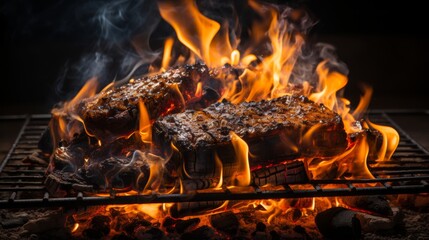 Poster - Juicy steaks cooking on a grill, engulfed in flames, depicting intense heat and delicious barbecue