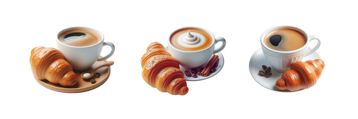 Wall Mural - Set of white cups of coffee with croissants, illustration, isolated over on transparent white background