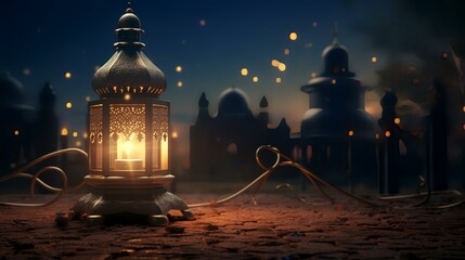 Poster - Ramadan Kareem greeting card. Arabic lantern on the background of the mosque at night.