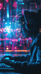 Man wearing virtual reality goggles and using laptop computer at night. Future technology concept