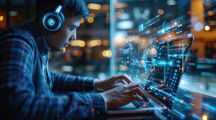 Cyber security concept. Young man in headphones using laptop at night .