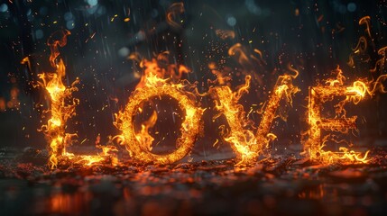 Poster - Red word love created using flames. The fire forms each letter with intense heat and vibrant colors against a dark background