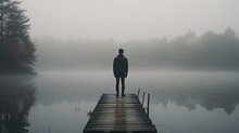 A Person Standing On A Dock In The Middle Of A Lake. Suitable For Travel Or Solitude Concepts