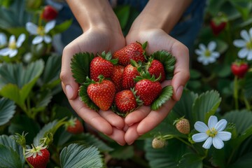 Fototapete - person holding a bunch of ripe strawberries in their hands