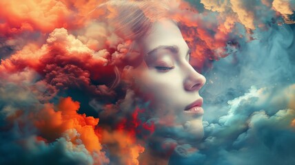 Sleeping woman face. Fairy stars, red tint and colorful cloud