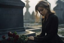 A Woman Sitting In Front Of A Grave With A Bunch Of Roses. Suitable For Funeral Or Remembrance Concepts