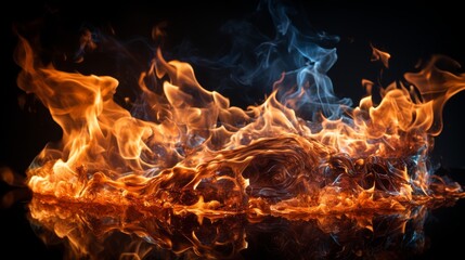 Poster - vibrant fire ablaze against a dark black background. The flames dance and flicker, revealing their intense heat
