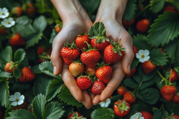 Fototapete - In this photo, a person holds a bunch of ripe strawberries in their hands. The berries are vibrant red and fresh, enticing the viewer with their juicy appearance