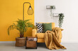 Leinwandbild Motiv Interior of stylish living room with armchair, plants and lamp