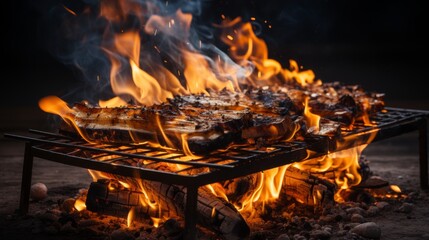 Poster - A grill filled with sizzling food, being cooked to perfection. Flames engulf the grill as smoke rises, creating a mouthwatering scene
