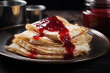 Canvas Print - Stack of crepes on a plate with jam, perfect for food blogs