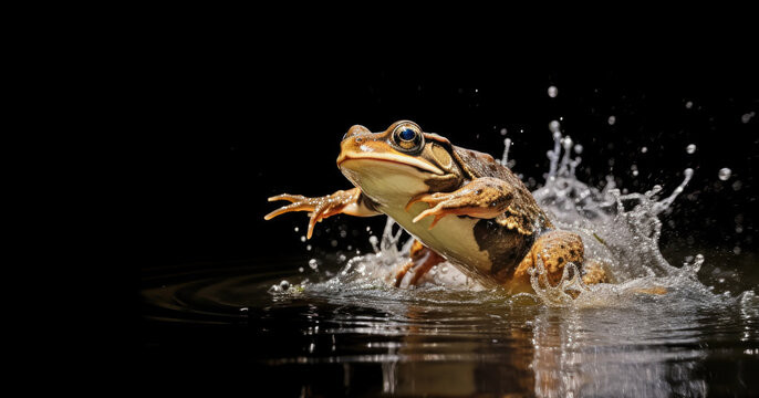 A frog splashes water in a pond. Suitable for nature and wildlife concepts