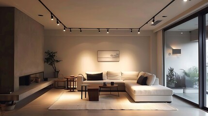 Wall Mural - A minimalist living room with Scandinavian style track lighting illuminating the space without cluttering it