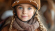 Happy girl kid at equitation lesson looking at camera while riding a horse, wearing horseriding helmet, Ai generated image