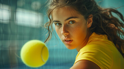 Portrait of young caucasian girl playing tennis