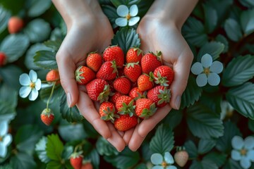 Fototapete - A person holding a bunch of fresh strawberries in their hands, showing their vibrant red color and juicy texture