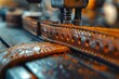 A sturdy steel machine effortlessly sews leather belts indoors, its metal track glinting in the light, the rust on its surface adding character to its precise work