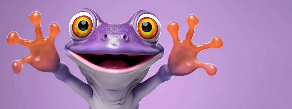 3d animal amphibian illustration - Funny abstract purple frog with hands up, isolated on a purple background banner