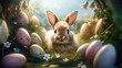 A rabbit sitting in the grass surrounded by colorful Easter eggs. Perfect for Easter holiday designs