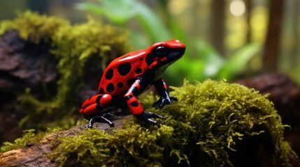 Sticker - A red and black frog perched on a moss-covered branch, suitable for nature and wildlife themes