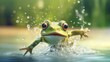 Happy Leap Day 29 February 2024, greeting card illustration - Leap year concept, green frog animal amphibian in water of a lake or river in nature