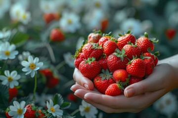 Fototapete - persons hands holding a bunch of freshly picked strawberries. The hands firmly grasp the bright red strawberries, showcasing their juiciness and freshness