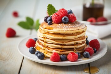 Canvas Print - Delicious stack of pancakes topped with fresh berries and syrup. Perfect for breakfast or brunch concept