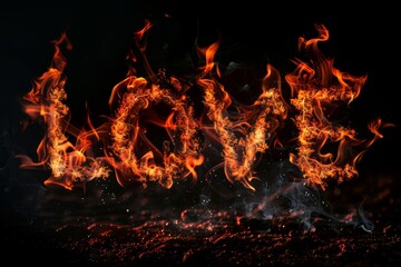 Poster - Love word from fire on black background 