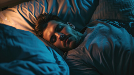 Young man sleeping in his bed at night. Close-up .