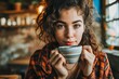 © VERTEX SPACE - attractive casual woman freelance sunday morning lifestyle Young woman drinking coffee spending casual break time in coffeeshop  woman hand hold coffee smiling freshness moment