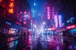 Neon-lit street reflecting on wet pavement, with illuminated signs and an urban skyline. Drenched in neon, this city thoroughfare glistens post-rain with vivid signage and a modern skyscape