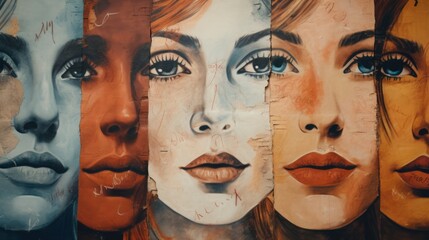 A painting featuring multiple women's faces. Suitable for various projects