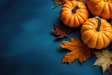 Poster - Pumpkins and leaves on a blue background, suitable for autumn themes