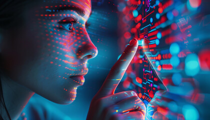 Beautiful young woman touching hologram screen while standing in server room, concept of Humans work with artificial intelligence, Hologram Global Internet connection, innovative futuristic technology
