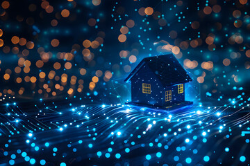 Canvas Print - House with futuristic network connection technology big data. Blue neon background.