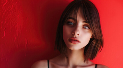 Wall Mural - Portrait of a beautiful girl on a red background in the studio