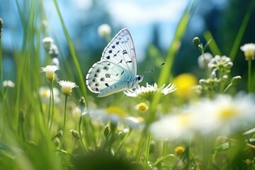 Poster - A beautiful blue butterfly perched on a delicate white flower. Perfect for nature or garden-themed designs