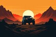 
Minimalist illustration of a lone off-road vehicle silhouette against a backdrop of towering mountains and a setting sun
